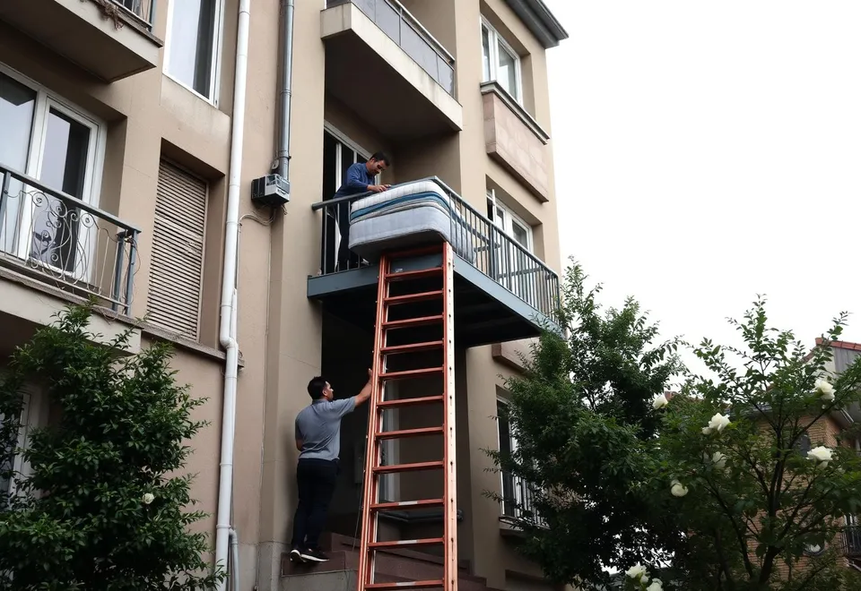 Beşinci kat balkonuna uzanan nakliyat asansörü ve platformdaki yatak